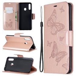 Embossing Double Butterfly Leather Wallet Case for Samsung Galaxy A20s - Rose Gold