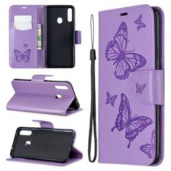 Embossing Double Butterfly Leather Wallet Case for Samsung Galaxy A20s - Purple