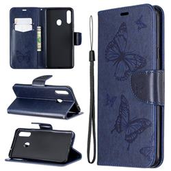 Embossing Double Butterfly Leather Wallet Case for Samsung Galaxy A20s - Dark Blue