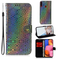 Laser Circle Shining Leather Wallet Phone Case for Samsung Galaxy A20s - Silver