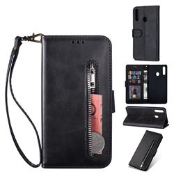 Retro Calfskin Zipper Leather Wallet Case Cover for Samsung Galaxy A20s - Black