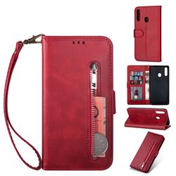 Retro Calfskin Zipper Leather Wallet Case Cover for Samsung Galaxy A20s - Red