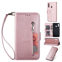 Retro Calfskin Zipper Leather Wallet Case Cover for Samsung Galaxy A20s - Rose Gold