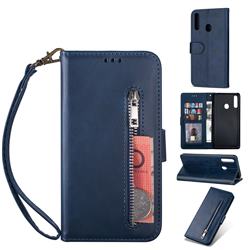 Retro Calfskin Zipper Leather Wallet Case Cover for Samsung Galaxy A20s - Blue