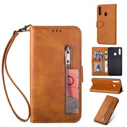 Retro Calfskin Zipper Leather Wallet Case Cover for Samsung Galaxy A20s - Brown