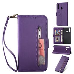 Retro Calfskin Zipper Leather Wallet Case Cover for Samsung Galaxy A20s - Purple