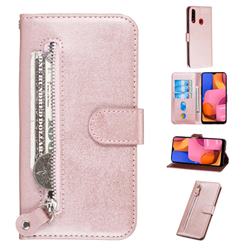 Retro Luxury Zipper Leather Phone Wallet Case for Samsung Galaxy A20s - Pink