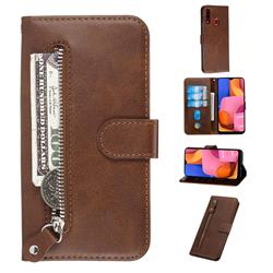Retro Luxury Zipper Leather Phone Wallet Case for Samsung Galaxy A20s - Brown