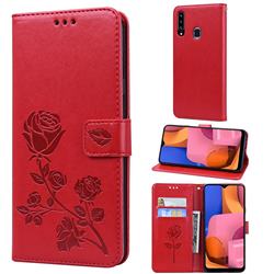 Embossing Rose Flower Leather Wallet Case for Samsung Galaxy A20s - Red