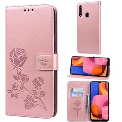 Embossing Rose Flower Leather Wallet Case for Samsung Galaxy A20s - Rose Gold