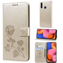 Embossing Rose Flower Leather Wallet Case for Samsung Galaxy A20s - Golden