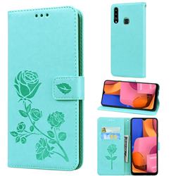 Embossing Rose Flower Leather Wallet Case for Samsung Galaxy A20s - Green