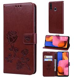Embossing Rose Flower Leather Wallet Case for Samsung Galaxy A20s - Brown