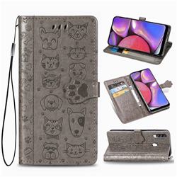 Embossing Dog Paw Kitten and Puppy Leather Wallet Case for Samsung Galaxy A20s - Gray