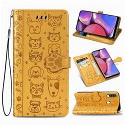 Embossing Dog Paw Kitten and Puppy Leather Wallet Case for Samsung Galaxy A20s - Yellow