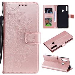 Intricate Embossing Datura Leather Wallet Case for Samsung Galaxy A20s - Rose Gold