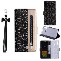 Luxury Lace Zipper Stitching Leather Phone Wallet Case for Samsung Galaxy A20s - Black