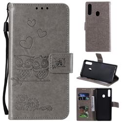 Embossing Owl Couple Flower Leather Wallet Case for Samsung Galaxy A20s - Gray