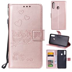 Embossing Owl Couple Flower Leather Wallet Case for Samsung Galaxy A20s - Rose Gold