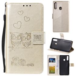Embossing Owl Couple Flower Leather Wallet Case for Samsung Galaxy A20s - Golden