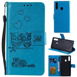 Embossing Owl Couple Flower Leather Wallet Case for Samsung Galaxy A20s - Blue