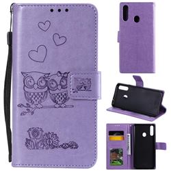 Embossing Owl Couple Flower Leather Wallet Case for Samsung Galaxy A20s - Purple