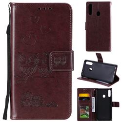 Embossing Owl Couple Flower Leather Wallet Case for Samsung Galaxy A20s - Brown