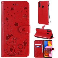 Embossing Bee and Cat Leather Wallet Case for Samsung Galaxy A20s - Red
