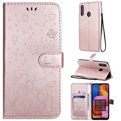 Embossing Bee and Cat Leather Wallet Case for Samsung Galaxy A20s - Rose Gold