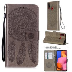 Embossing Dream Catcher Mandala Flower Leather Wallet Case for Samsung Galaxy A20s - Gray