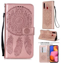 Embossing Dream Catcher Mandala Flower Leather Wallet Case for Samsung Galaxy A20s - Rose Gold