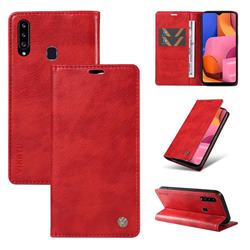 YIKATU Litchi Card Magnetic Automatic Suction Leather Flip Cover for Samsung Galaxy A20s - Bright Red