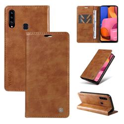 YIKATU Litchi Card Magnetic Automatic Suction Leather Flip Cover for Samsung Galaxy A20s - Brown