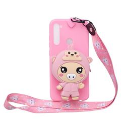 Pink Pig Neck Lanyard Zipper Wallet Silicone Case for Samsung Galaxy A21