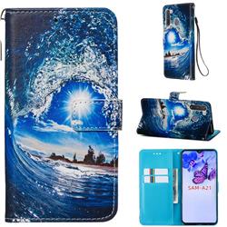 Waves and Sun Matte Leather Wallet Phone Case for Samsung Galaxy A21