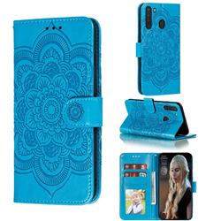 Intricate Embossing Datura Solar Leather Wallet Case for Samsung Galaxy A21 - Blue