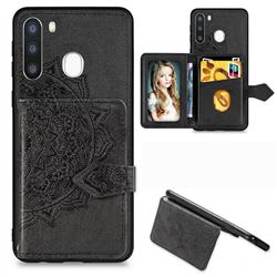 Mandala Flower Cloth Multifunction Stand Card Leather Phone Case for Samsung Galaxy A21 - Black