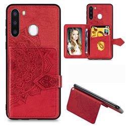 Mandala Flower Cloth Multifunction Stand Card Leather Phone Case for Samsung Galaxy A21 - Red