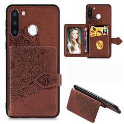 Mandala Flower Cloth Multifunction Stand Card Leather Phone Case for Samsung Galaxy A21 - Brown