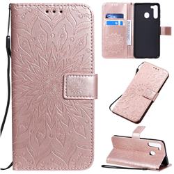 Embossing Sunflower Leather Wallet Case for Samsung Galaxy A21 - Rose Gold