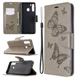 Embossing Double Butterfly Leather Wallet Case for Samsung Galaxy A21 - Gray