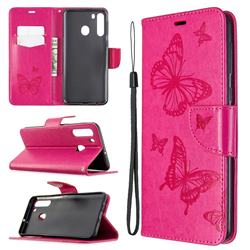 Embossing Double Butterfly Leather Wallet Case for Samsung Galaxy A21 - Red