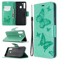 Embossing Double Butterfly Leather Wallet Case for Samsung Galaxy A21 - Green