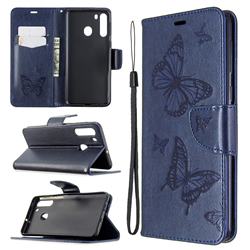 Embossing Double Butterfly Leather Wallet Case for Samsung Galaxy A21 - Dark Blue