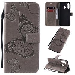 Embossing 3D Butterfly Leather Wallet Case for Samsung Galaxy A21 - Gray
