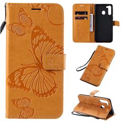 Embossing 3D Butterfly Leather Wallet Case for Samsung Galaxy A21 - Yellow