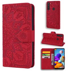 Retro Embossing Mandala Flower Leather Wallet Case for Samsung Galaxy A21 - Red