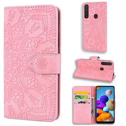 Retro Embossing Mandala Flower Leather Wallet Case for Samsung Galaxy A21 - Pink
