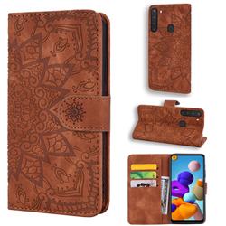 Retro Embossing Mandala Flower Leather Wallet Case for Samsung Galaxy A21 - Brown