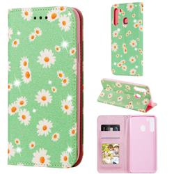 Ultra Slim Daisy Sparkle Glitter Powder Magnetic Leather Wallet Case for Samsung Galaxy A21 - Green